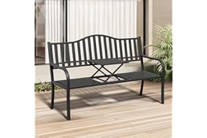 JMGJOY 2 in 1 Metal Outdoor Bench, Weatherproof Garden Bench, with Striped Pattern Backrest and Folding Middle Table, for Patio, Porch, Park, Lawn