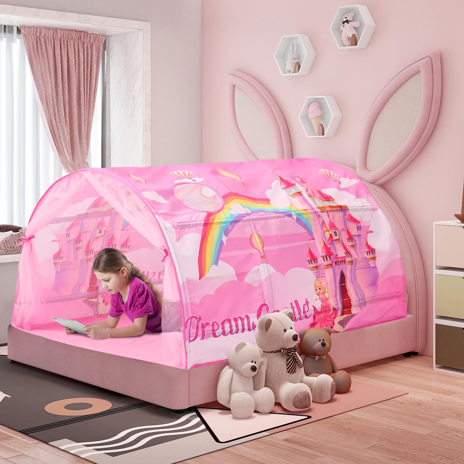 CRAWLBO Kids Bed Tent Twin Beds -Cartoons Wonder Play Tents Boys Girls Ventilated Indoor Play Tent Children Promotes Independent Play, Stimulates Imagination Set-Up Playhouse (Castle