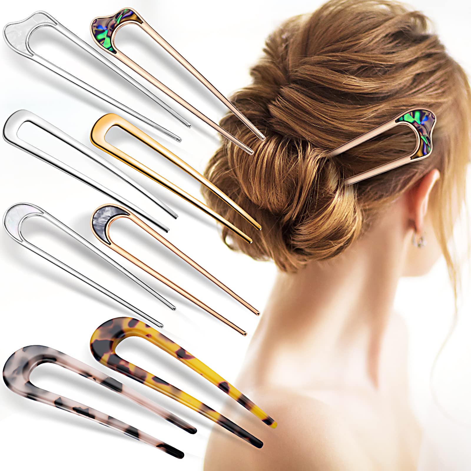 Yolev 8 Pieces French U Shaped Hair Pins Metal Acetate Updo Hair Stick Hair Forks 2 Prong Chignon Pins for Bun Women Hairstyle Accessories(Multicolor A)