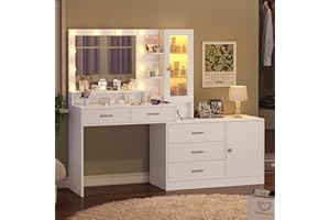 HAUOMS White Makeup Vanity with Lights Vanity Desk with Mirror, Large Vanity Table Set with Drawer Dresser, Charging Station & RGB Cabinets, Makeup Table with 5 Drawers and Storage Shelves, White