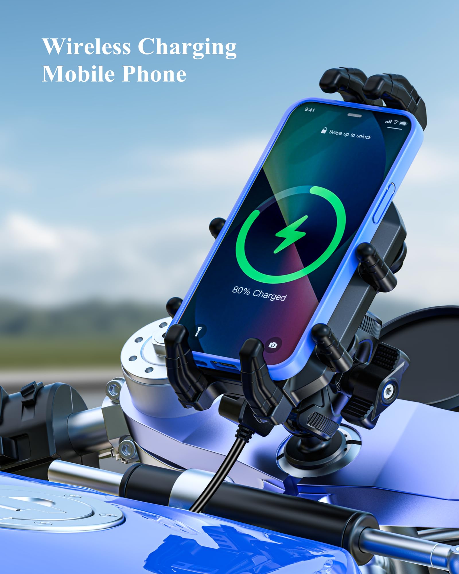 BRCOVAN Motorcycle Fork Stem Phone Mount with Qi 15W Wireless Charger & 36W PD/USB-C Fast Charging Port, Anti-Theft Motorcycle Phone Holder with Vibration Dampener for 5.4''-7.2'' Cellphones
