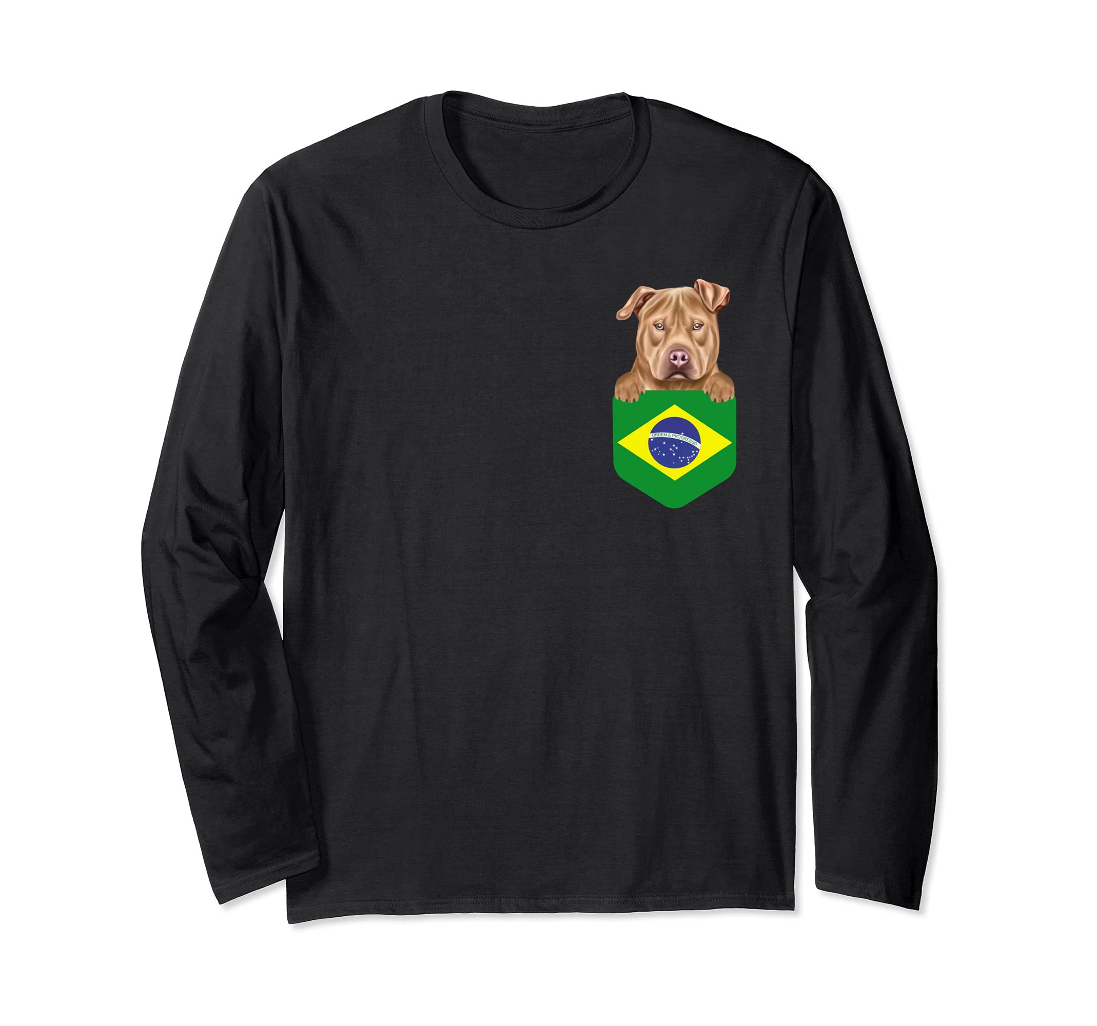 Brazil Flag Usa Staffordshire Terrier Dog In Pocket Long Sleeve T-Shirt