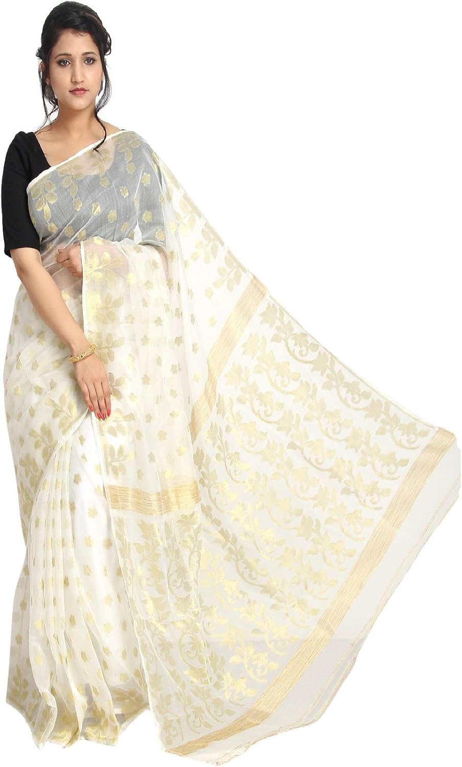 Amazon Com Durga Puja Off White Behula Dhakai Jamdani Saree Soft Finish Women Formal Sari From West Bengal Hand Weaving 603 Clothing