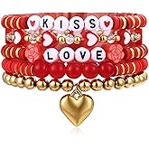 sagrence Beaded Heishi Stackable Stretch Bracelet with Love Heart Charm Valentine's Day Holiday Jewelry Gift for Women