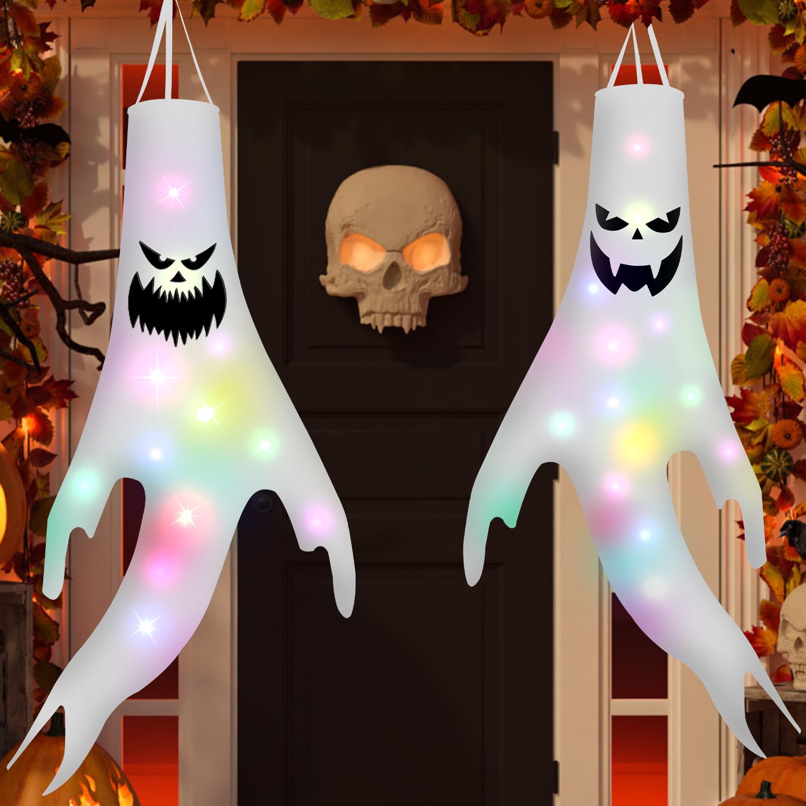 Halloween Decoration Outdoor, Ghost Windsock Decoration Garden with LED Fairy Lights, 120 cm Windsocks Hanging Ghost Flags Weather Vane for Halloween Party Horror Garden HDécor - Pack of 2