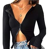 Women Sexy Ribbed Knitted Crop Top Double Zip Up Long Sleeve Tops T Shirt for Causal Party Streetwear