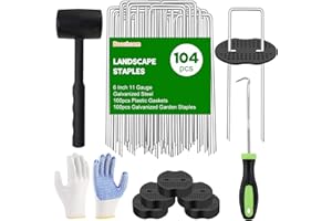 Landscape Fabric Staples with Rubber Hammer,6Inch 50pcs Galvanized Garden Pegs+ 50pcs Gaskets + Pick Hook + Gloves,Anti-Rust,