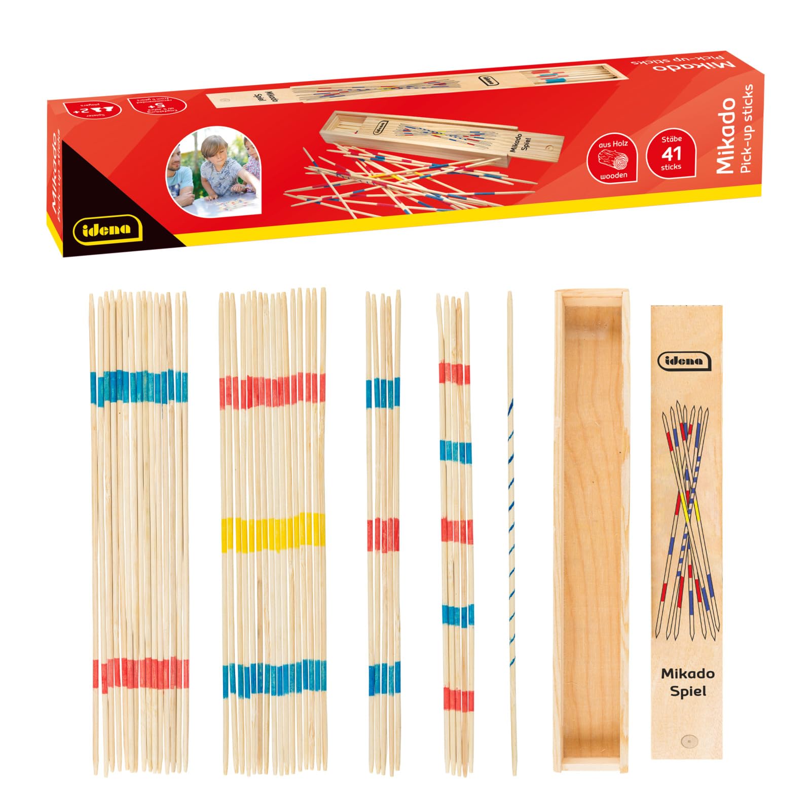 Idena Mikado 6060012 strategy game with practical wooden box, bamboo material, 41 sticks, approx. 25 cm long, popular classic game for garden, home and travel