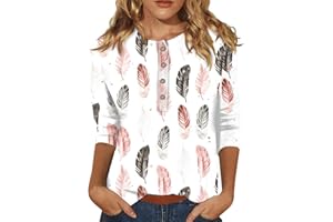 AMOBER Women's 2024 Summer Henley V Neck Button Up Tunic Ladies Loose Fit Tops Flowy 3/4 Sleeve Basic Blouse Tops