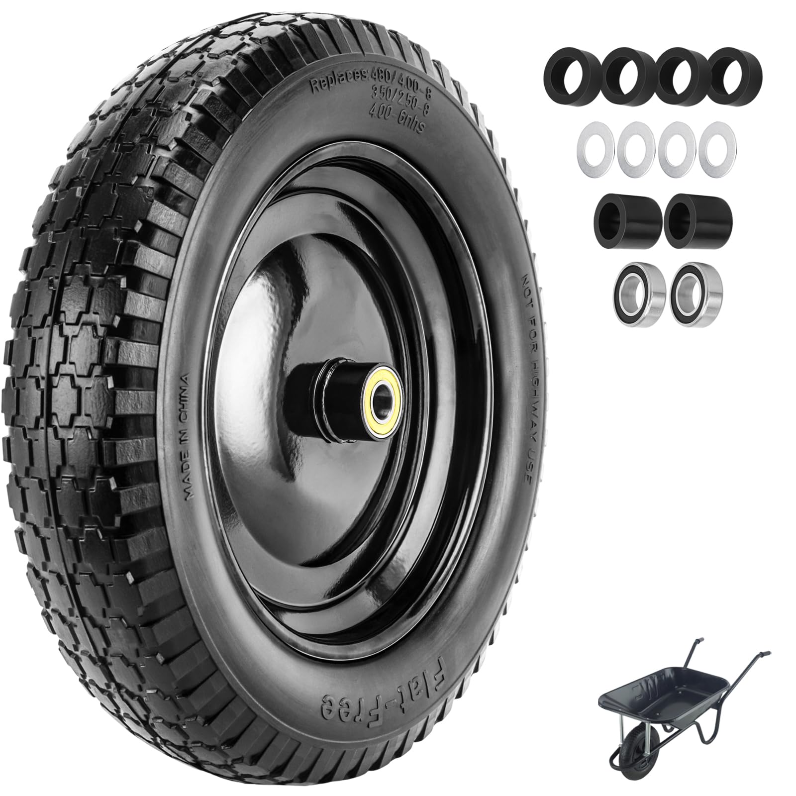 View 1 of 4.80/4.00-8" Tire Flat Free 14.5" x 3.2" (1Pcs) Universal Solid Wheelbarrow Tire with 5/8” Bearings 3” -7” Hub Centered, for 4.80/4.00-8, 3.50/2.50-8, 4.00-6 Wheelbarrow Wheels
