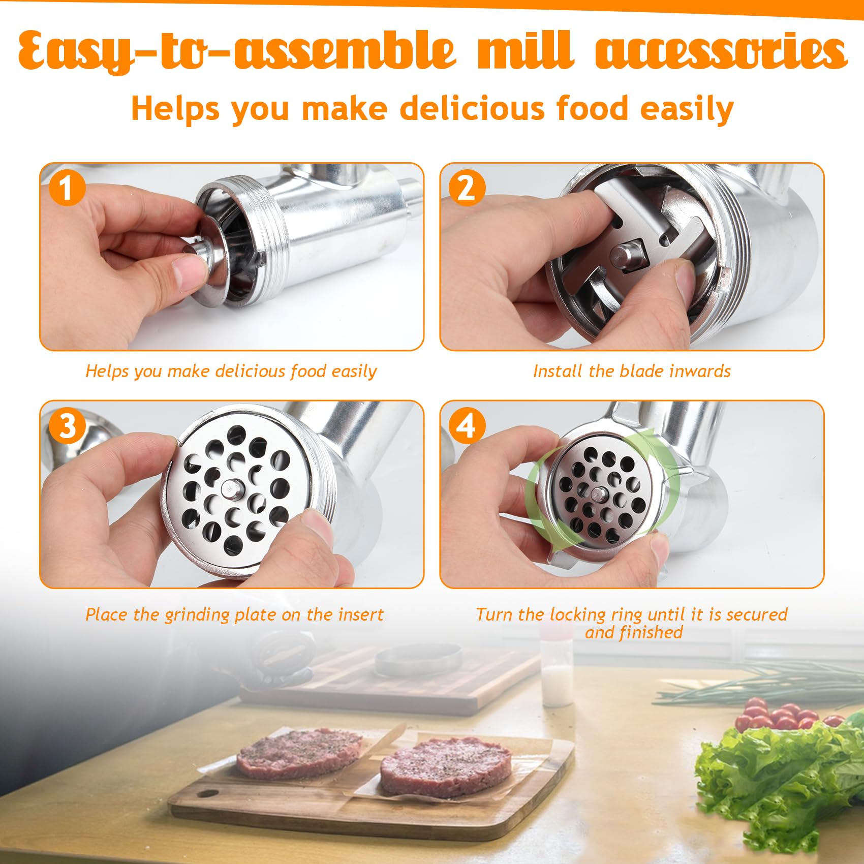 Metal Meat Grinder Attachment for Kitchen Aid Stand Mixers, Meat Grinder Attachment Replacement Includes 3 Sausage Stuffer Tubes, 4 Grinding Plates, 3 Grinding Blades, Screw, Front Cover