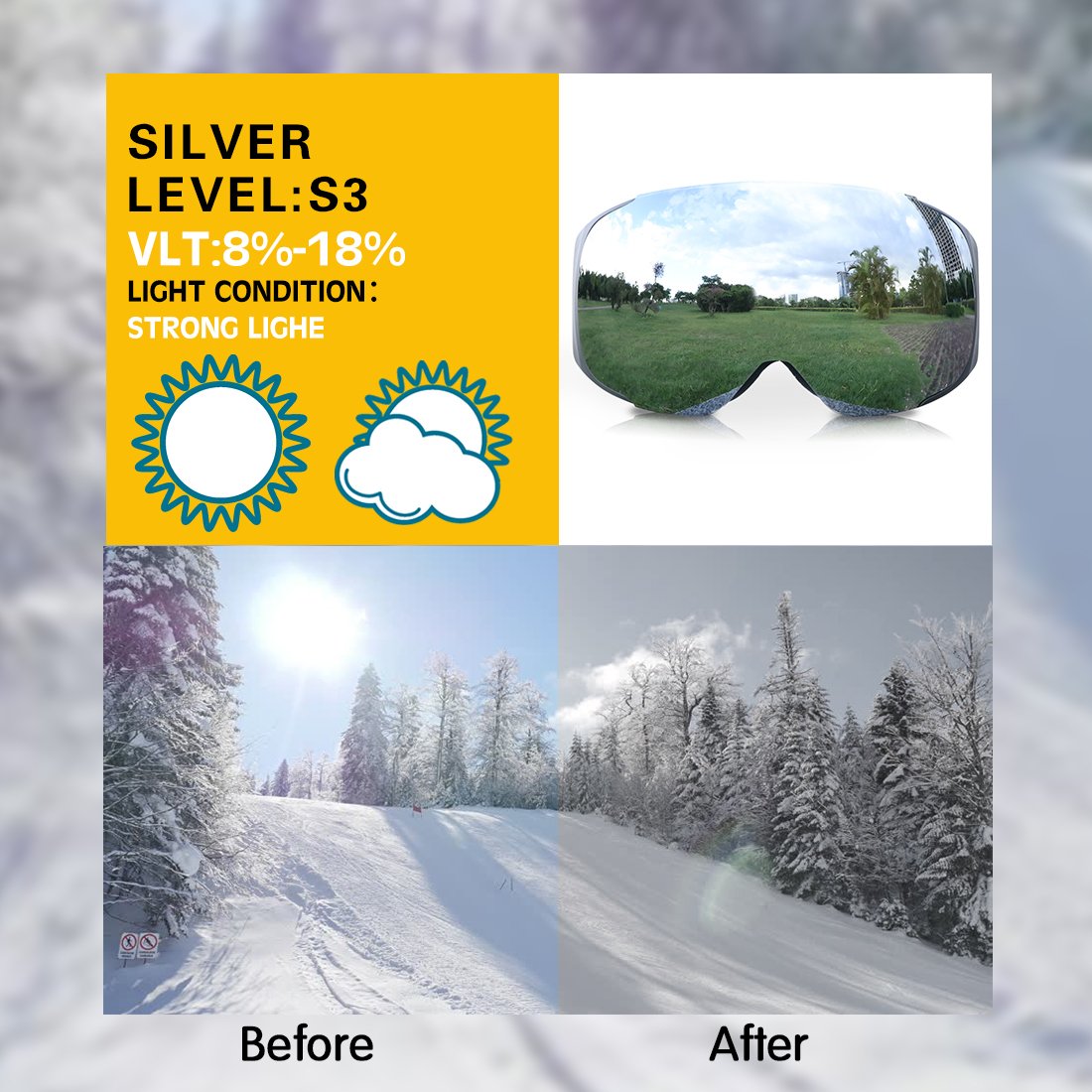 TUONROAD Maschera da Sci Snowboard Trattamento Protezione Super grandangolo Goggles Maschera Occhiali antinebbia UV400 Anti Nebbia Completa per Adulti e Adolescenti S-Silver