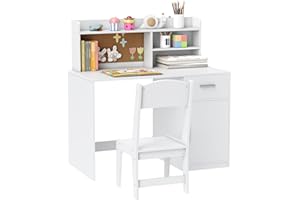 Qaba Kids Desk and Chair Set, Kids Study Table and Chair Set with Storage Hutch, Drawer, Cabinet, Compartments, Cork Board, S