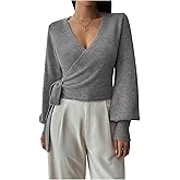 SHENHE Women's Casual V Neck Wrap Sweater Pullover Long Sleeve Slim Fit Knit Crop Top Sweater