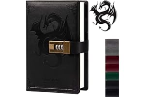 Dragon Leather Journal, Hardcover Notebook, Locked Refillable Diary, Lined/Blank Paper Writing Journals with Combination Lock