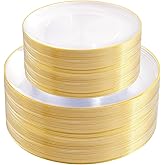 PULOTE 100PCS Clear and Gold Plastic Plates - Heavy Duty Clear Disposable Plastic Plates With Gold Trim for Wedding&Party Include 50 Dinner Plates, 50 Dessert Plates