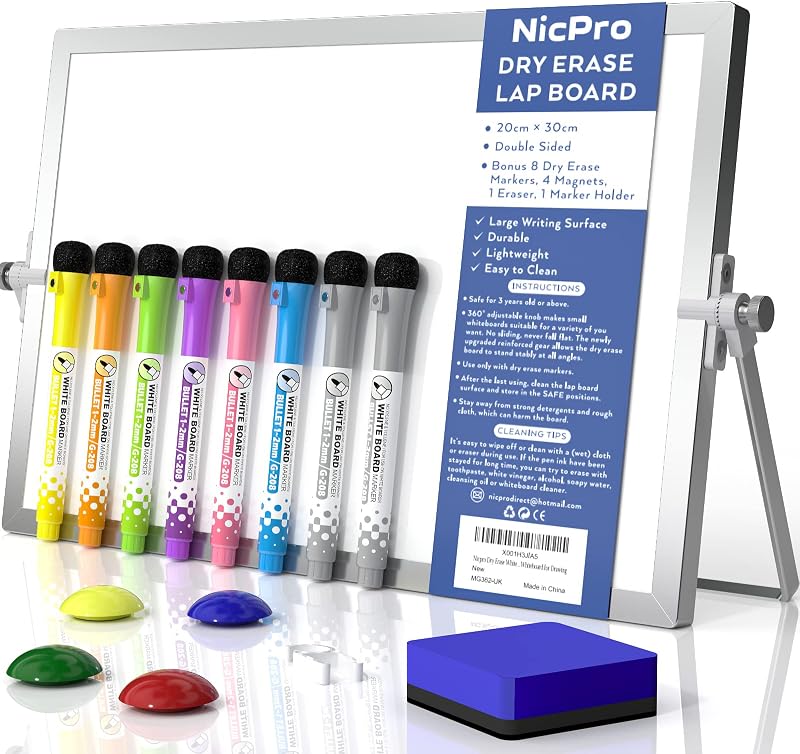 Nicpro Dry Erase Mini Whiteboard A4 20x30 cm Double Sided with Stand Magnetic