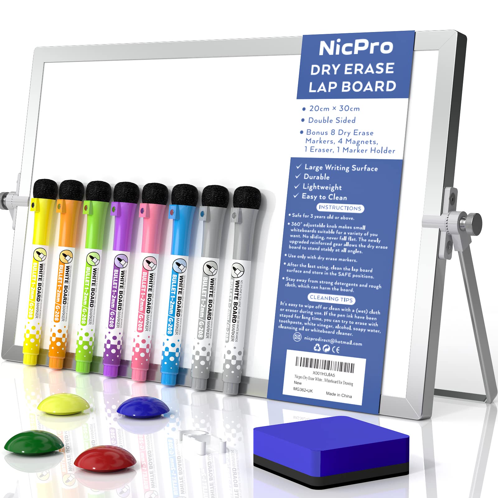 Nicpro Dry Erase Mini Whiteboard A4, 20 x 30 cm Double Sided Small Magnetic Desktop White Board with Stand, 8 Pens, 1 Eraser,4 Magnet, Portable Board Easel for Kids Students School Supplies Office