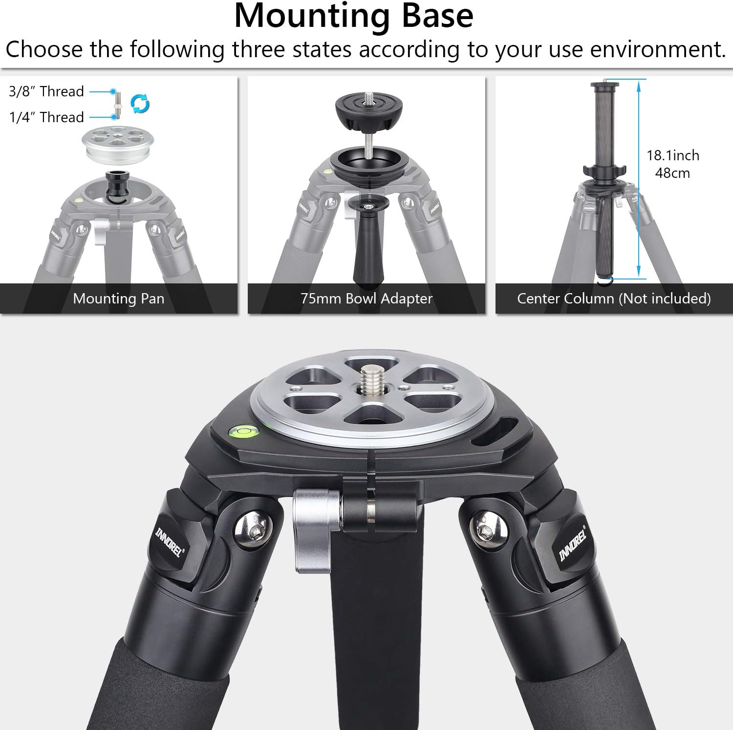 Carbon Fiber Bowl Tripod, INNOREL RT-90C Heavy Duty Bowl Tripod with 75mm Bowl and Bowl Adapter, 40mm Leg Tube Ultra Stable Professional Camera Tripod Max Load 88 Pounds/40kg Camera Stand : Camera & Photo