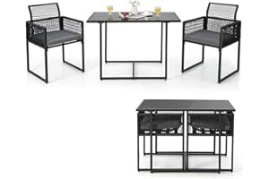 Tangkula 3 Pieces Outdoor Dining Set, Patio PE Rattan Furniture Set with Folding Backrest, Cozy Seat Cushions, Tempered Glass Tabletop, Space-Saving Rattan Chair Table Set for Backyard, Poolside