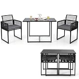 Tangkula 3 Pieces Outdoor Dining Set, Patio PE Rattan Furniture Set with Folding Backrest, Cozy Seat Cushions, Tempered Glass Tabletop, Space-Saving Rattan Chair Table Set for Backyard, Poolside