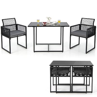 Tangkula 3 Pieces Outdoor Dining Set, Patio PE Rattan Furniture Set with Folding Backrest, Cozy Seat Cushions, Tempered Glass Tabletop, Space-Saving Rattan Chair Table Set for Backyard, Poolside
