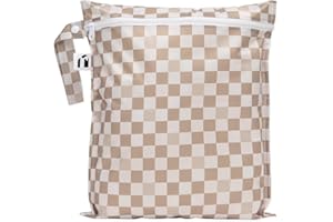 BUMKINS Roamio Waterproof Wet Bag for Baby, Travel, Swim Suit, Cloth Diaper, Pump Parts, Pool, Gym Clothes, Beach, Toiletry, Hook to Stroller, Daycare, Zipper Reusable Bag, Wetdry Packing Pouch, Beige Check