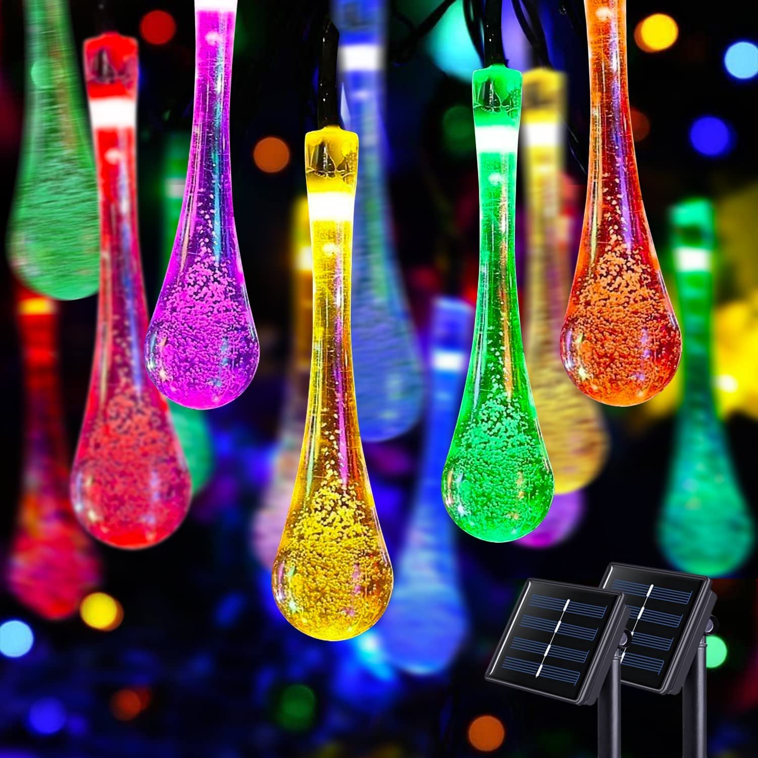 50 LED Solar Light Outdoor Garden Multi-Colour Solar Teardrop Fairy Tale String Light Waterproof Crystal Raindrop Decoration Light of Tree in The Garden Terrace Yard (29ft/9m) [Energy Class A+++]