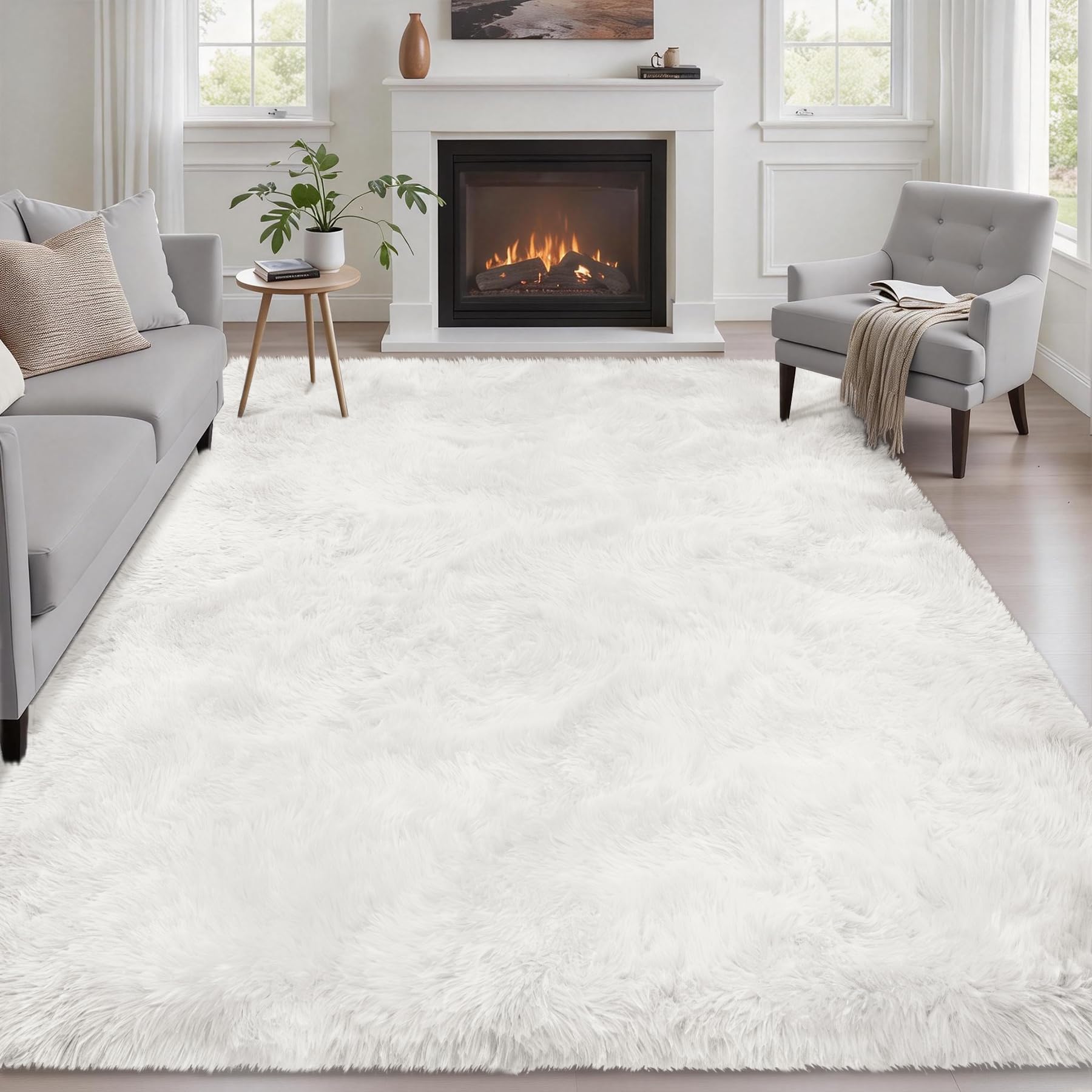 Fluffy 5x7 Area Rugs for Living Room Bedroom: Ultra Soft Shag Rug Non-Slip Non-Shedding Small Plush Bedside Rug Indoor Floor Carpets for Kids Room Playroom Entryway Nursery Dorms Home Decor Ivory