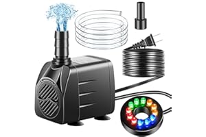 pamaner Submersible Pump, Small Fountain Pump with Tubing, Submersible Water Pump for Aquarium Fish Tank Indoor or Outdoor Pond Fountain Hydroponics Statuary (10W 160GPH, With Led Light)