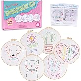 Louise Maelys 12 Pre-Stamped Embroidery Kits for Beginners, Cross Stitch for Kids Girls,DIY Needlepoint Craft Sewing,Practice Kit Supplies,Funny Cute Pattern,Perfect for Ages 8+
