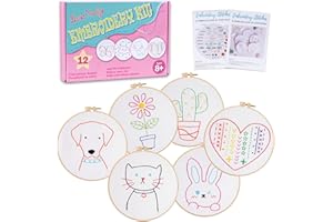 Louise Maelys 12 Pre-Stamped Embroidery Kits for Beginners, Cross Stitch for Kids Girls,DIY Needlepoint Craft Sewing,Practice Kit Supplies,Funny Cute Pattern,Perfect for Ages 8-12