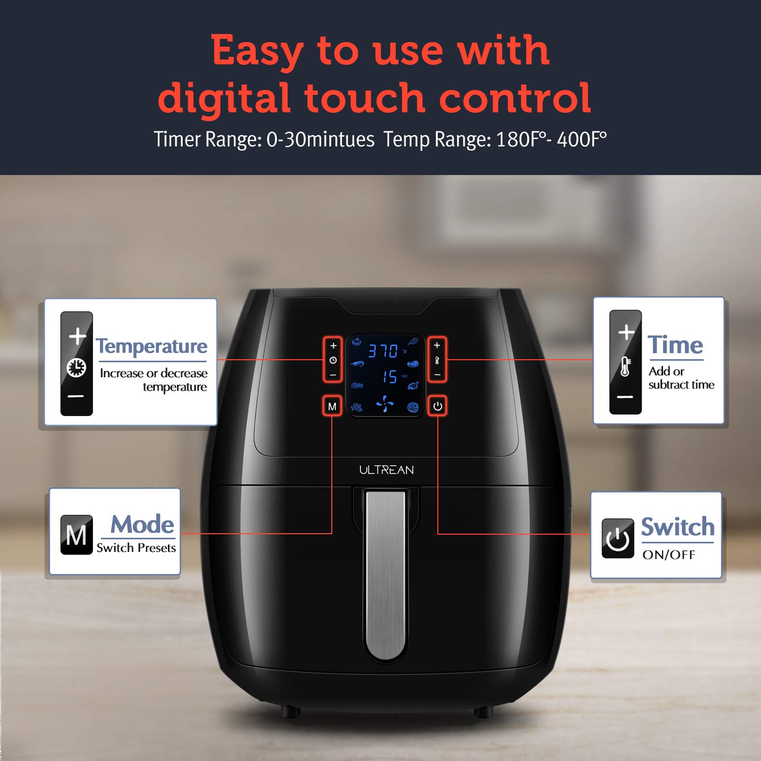 Ultrean 5.8 Quart Air Fryer, Electric Hot Air Fryers Oilless Cooker with 8 Presets, Digital LCD 