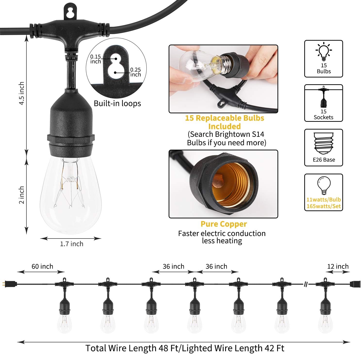 Minetom 48Ft Outdoor String Lights with 15 Hanging Sockets & S14 Edison Bulbs, UL Listed Commercial Grade Connectable Weatherproof Strand for Patio Deck Backyard Garden Porch Cafe Wedding Party, Black - - 