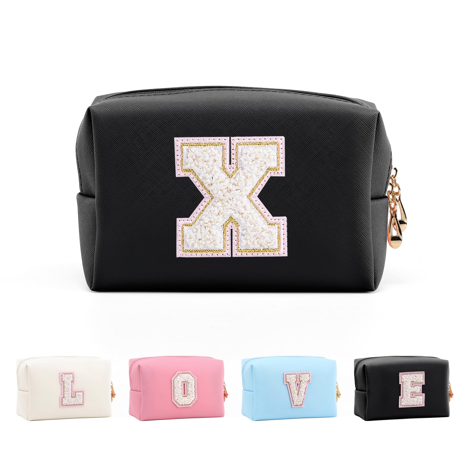 Anntry Small Personalized Initial Letter Makeup Bag, Cute Waterproof PU Leather Chenille Letter Cosmetic Bag Travel Makeup Bag, Preppy Makeup Pouch Toiletry Zipper Pouch Organizer for Women and Girls