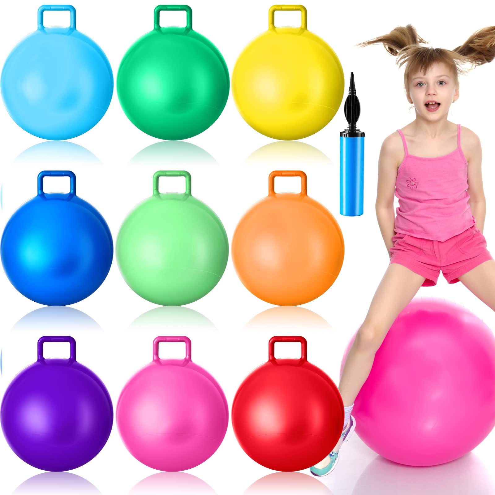 Photo 1 of Meooeck 9 Pcs Hopper Ball Carnival Outdoor Game 22 Inch Jumping Hopping Outdoor Bouncy Ball with Handles and Air Pump for Sports School Games Exercise(Multicolor)