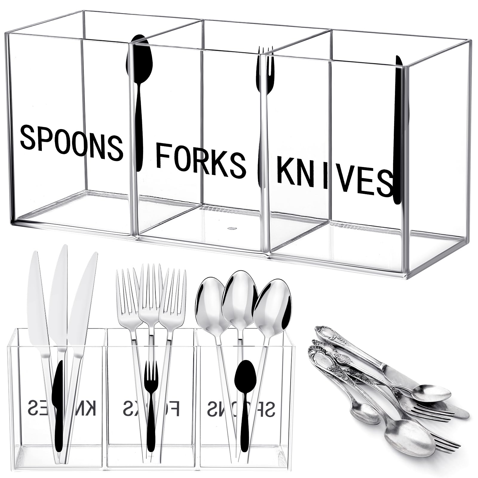 Photo 1 of Suzile Acrylic Cutlery Storage Organizer Plastic Utensil Holder Clear Silverware Organizer 3 Section Tableware Storage Box Countertop Fork Spoon Knife Holder Party Flatware Caddy for Kitchen Storage