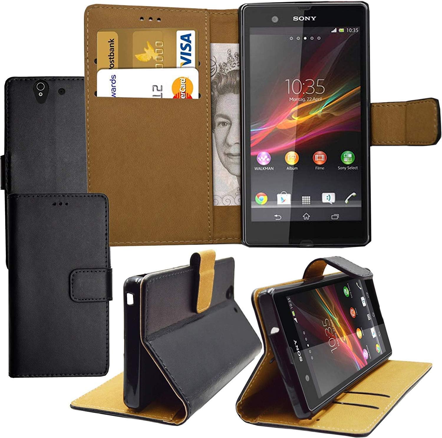 Black Genuine Leather Wallet Book Style Slim Kickstand Flip Case For Sony Xperia Phones (Xperia Z1 (C6903))