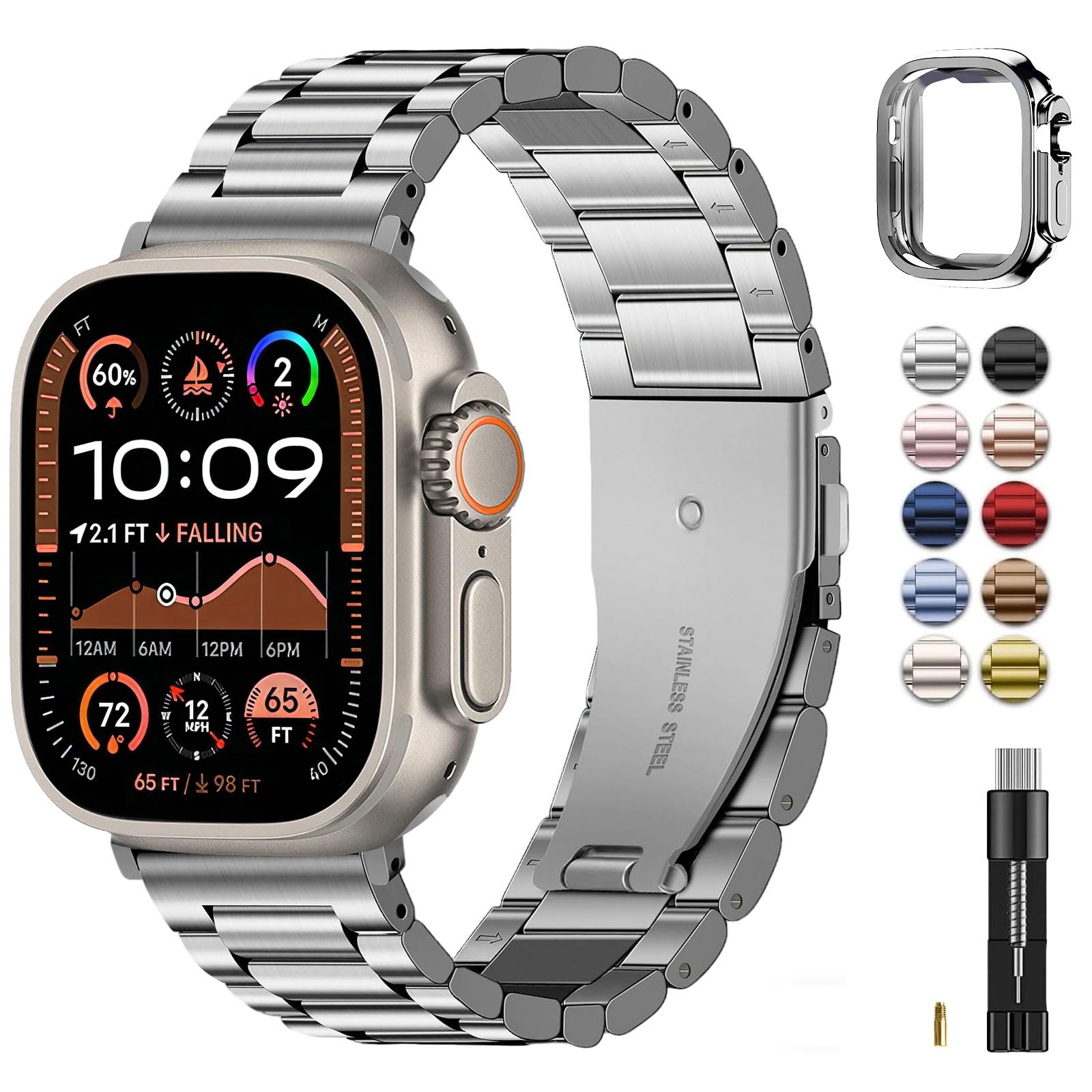 Fullmosa Metal Strap Compatible with Apple Watch Ultra 3/2/1 49mm Straps, Stainless Steel Replacement Band for Men Women, Silver & Protective Case