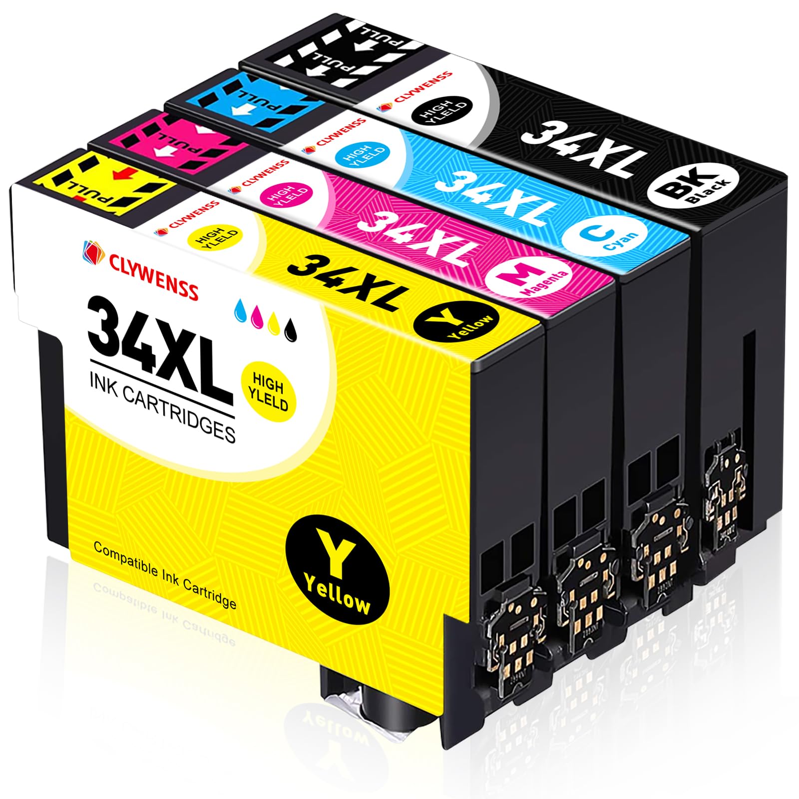 CLYWENSS 34XL Ink Cartridges Compatible with Epson 34 XL 34XL Multipack for WorkForce Pro WF3720 WF-3720 WF3725 WF-3725 WF-3720DWF WF-3725DWF Printer Ink Cartridges, 4-Pack (Black Cyan Magenta Yellow)