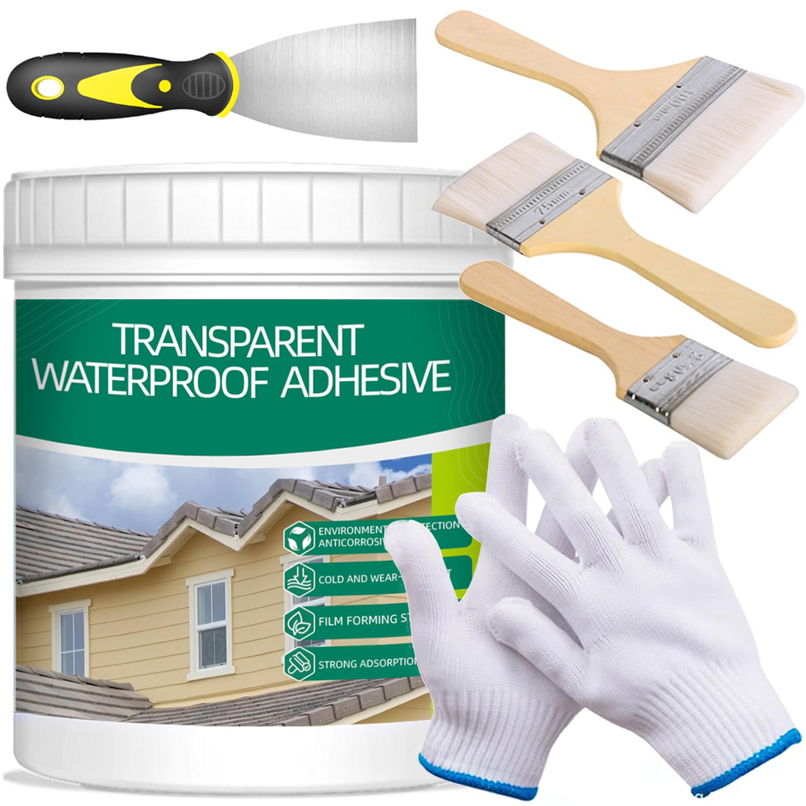 Qiveaory 1Kg/36Fl.oz Transparent Waterproof Coating Invisible Waterproof Agent Set with Indoor&Outdoor Insulating Sealant with Wooden Brush Putty Shovel Cut Resistant Work Gloves