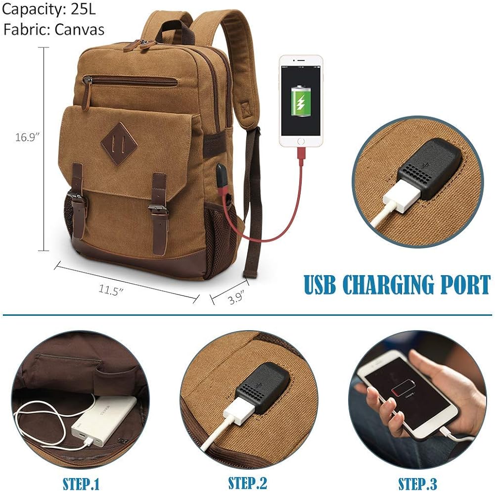 MODOKER Canvas Backpack for Men Women Vintage Rucksack Fits Most 15.6 Inch Laptop, Bookbag with USB Charging Port, Brown - Image 3