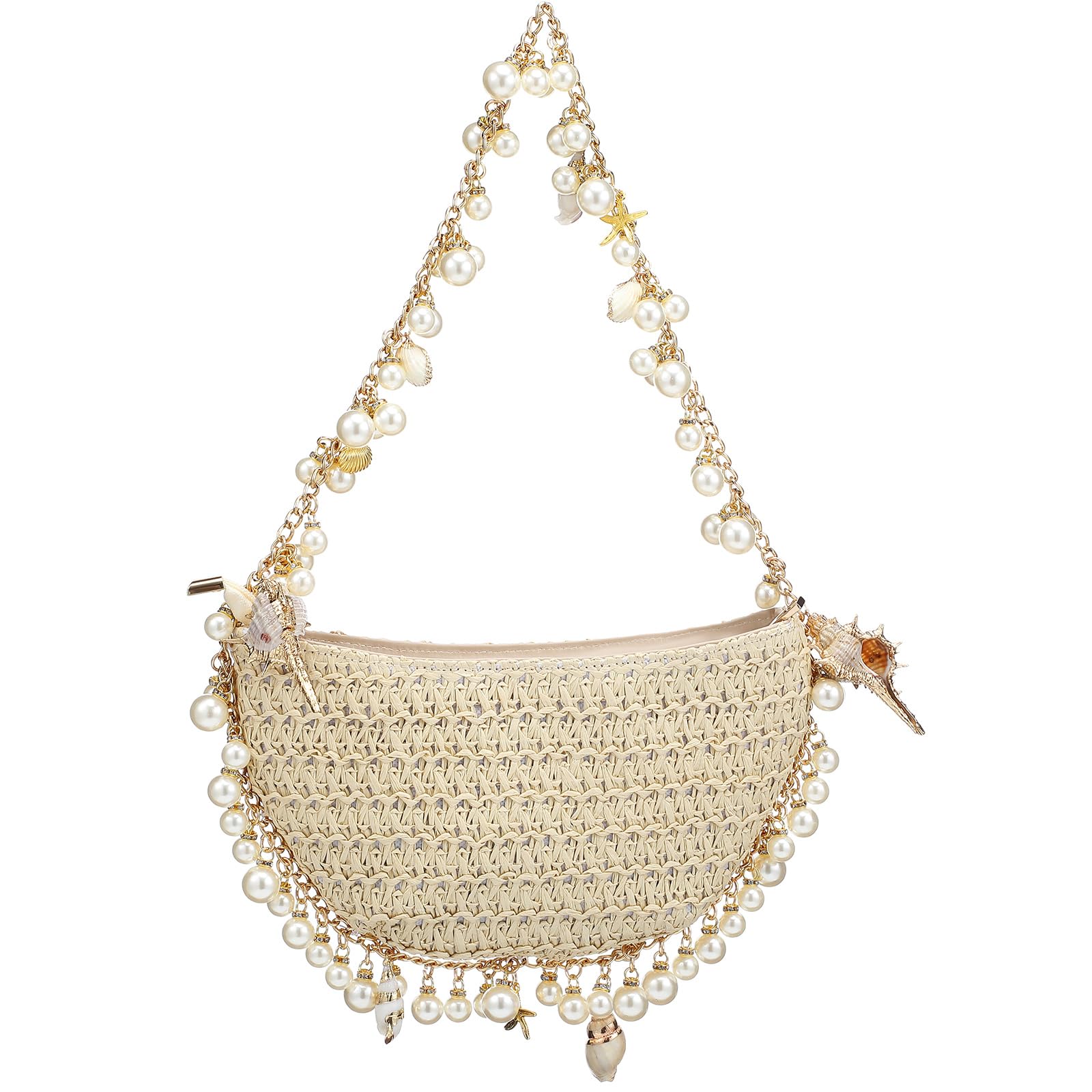 Photo 1 of Abbylike Women Pearl Straw Clutch Purse, Summer Beach Evening Bag Beaded Straw Shoulder Handbag Women Shoulder Crossbody Bag for Wedding Summer Beach Travel Trendy Gift Party Favor