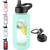 EALGRO 32 oz Glass Water Bottle with Straw and Handle, Sports Motivational Water Flask with Silicone Sleeve, Large Leakproof Water Flask Cup with Time Marker for Travel, Gym, Seafoam