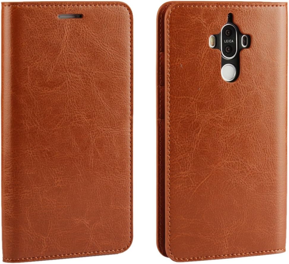 Cavor Huawei Mate 9 Wallet Case, Crazy Horse Pattern Genuine Leather Folio Bookstyle Flip Case Cover Stand Function with Card Slots/Cash Compartment for Huawei Mate 9 (5.9")-Light Browm