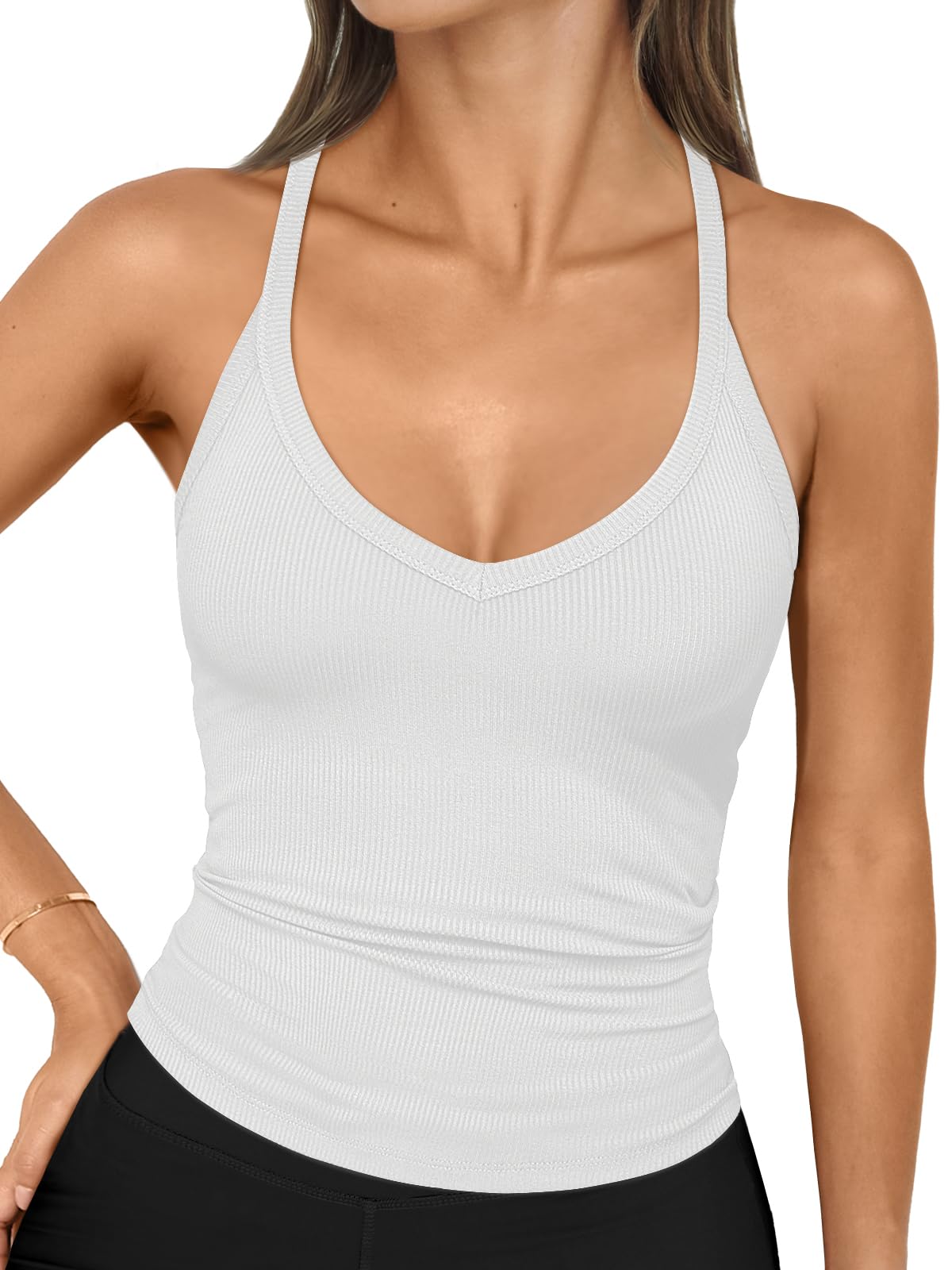 Photo 1 of Trendy Queen Womens Workout Tank Tops Racerback Summer 2025 Camisole Top V Neck Ribbed Sleeveless Beach Fashion Clothes White L