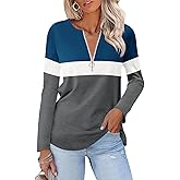 TICTICMISS Women's Long Sleeve Shirts Zipper Color Block V Neck Tunic Tops Casual Blouse