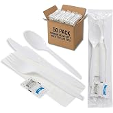 Bulk Heavy Weight Cutlery Individually Wrapped White Plastic Cutlery Knife, Spoon, Fork Pack with Napkin and Salt and Pepper Packets - Extra Strong &amp; Resistant