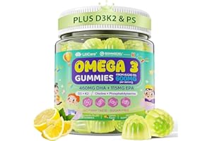 LILICARE Omega-3 for Kids 4+, Algae EPA & DHA Gummies Plus Vitamin D3 K2, Choline & PS for Brain, Bone, Cognitive & Immune Health, Zero Sugar Children Ultra-High DHA Fish Oil Alternative Lemon Flavor, 60 Cts