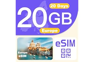 GENERIC Europe eSIM Card 20GB 20Days - 4G LTE High-Speed Network, Prepaid eSIM for 31 Countries, Hotspot Support, High Coverage Multi-Carrier for Unlocked iPhone and Android,No Contract No SIM Card